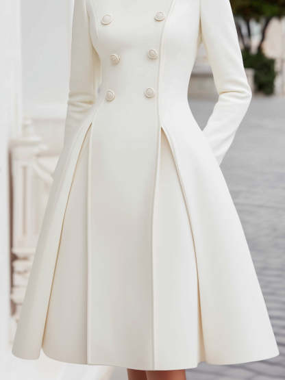 Elegant Double-Breasted Flared A-Line Coat Dress