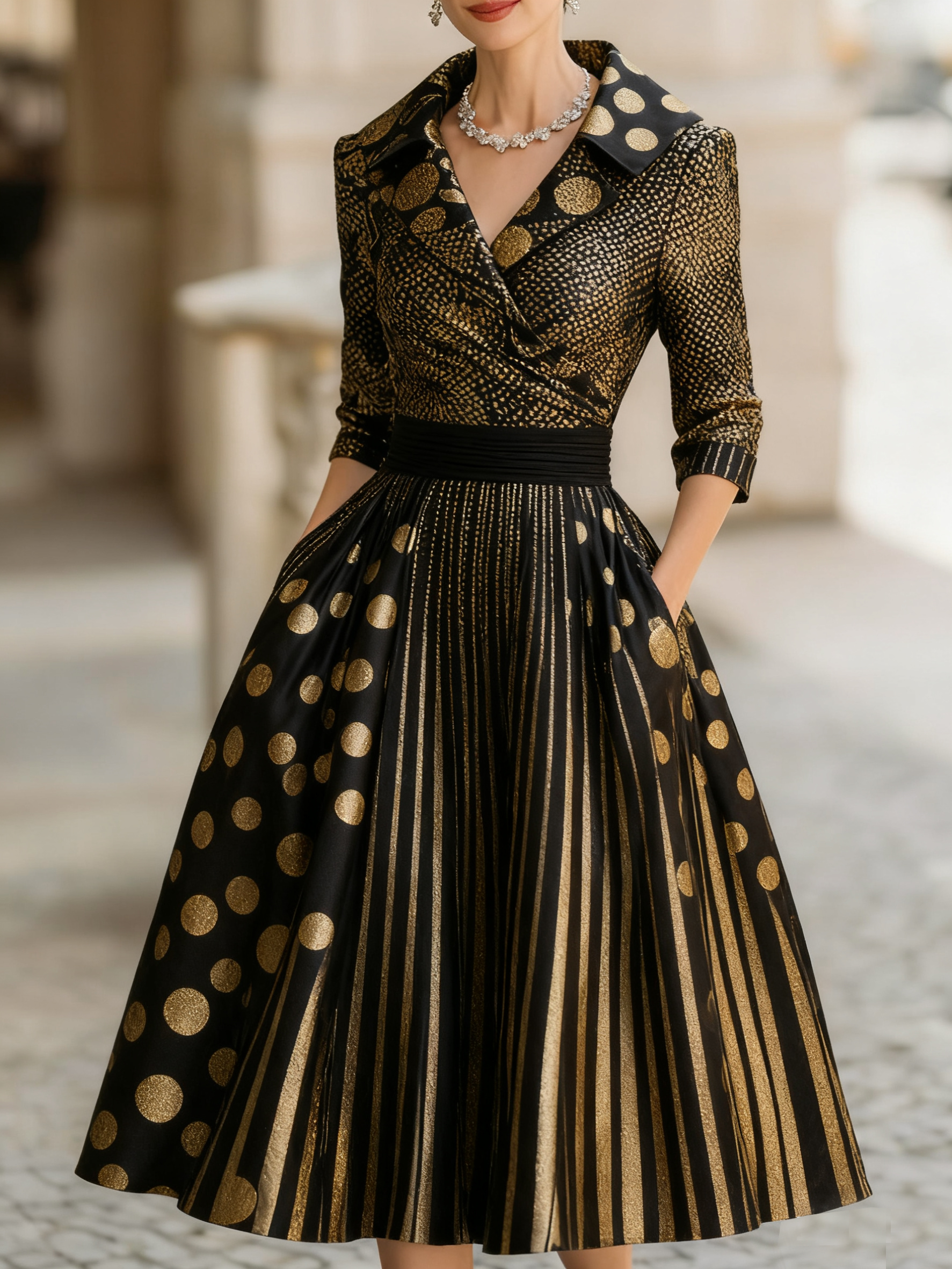 Vintage floral jacquard mid-length dress