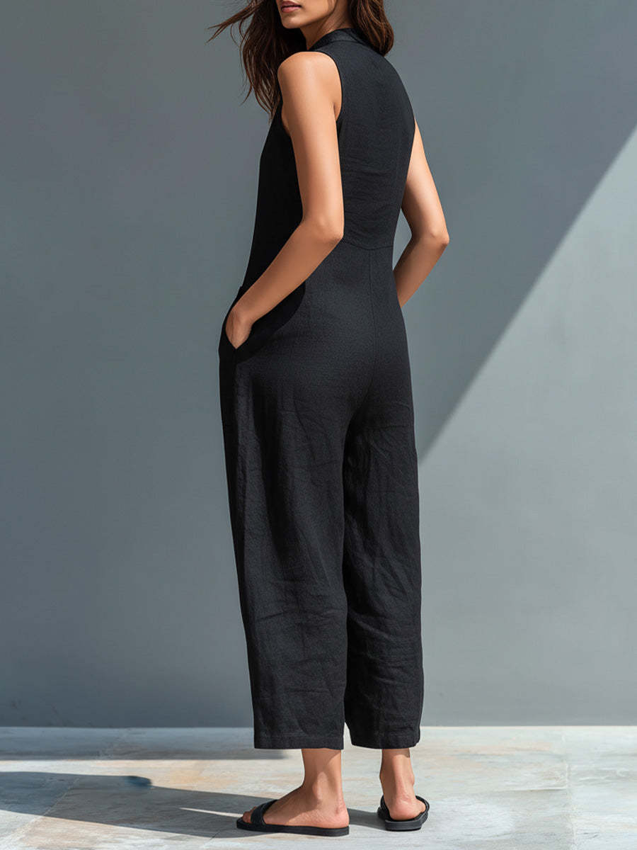 Women's V-neck Sleeveless Casual Loose Linen Jumpsuit