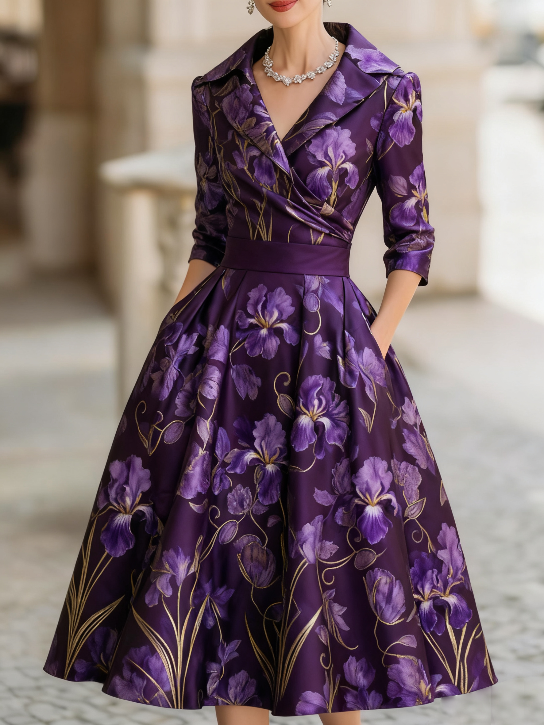 Vintage floral jacquard mid-length dress