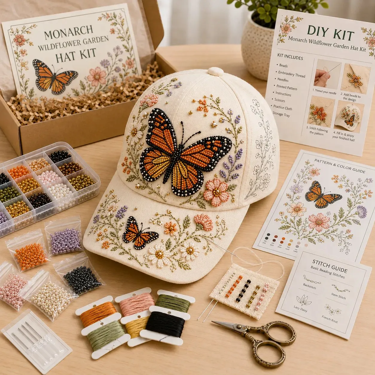 🐦🌸 Premium Hummingbird Garden Beaded Hat DIY Kit | DIY Handmade Floral Cap Decor 🌿✨
