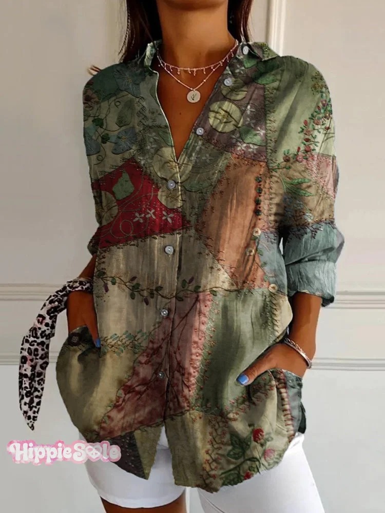 Women's Vintage Floral Bird Art Print Casual Cotton Shirt