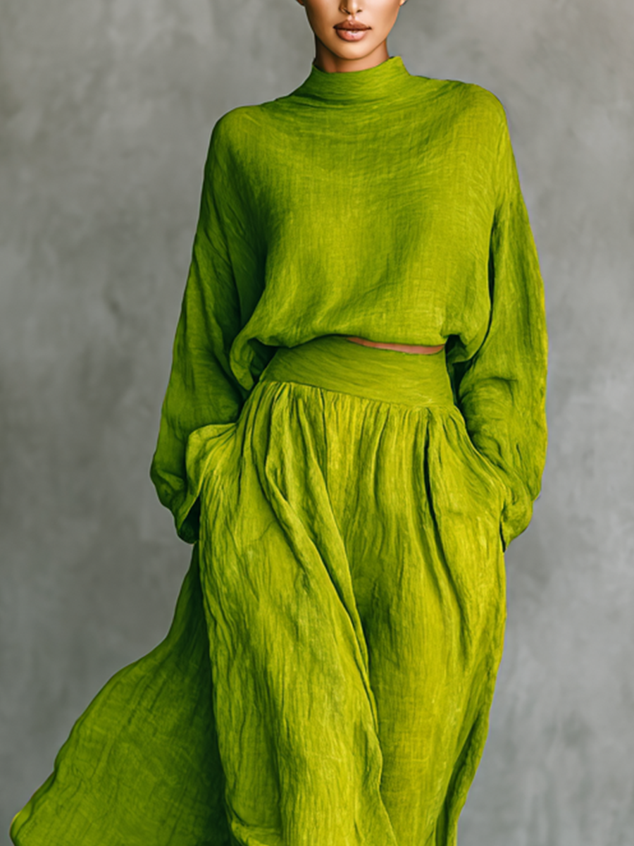 Women's Green Turtleneck Cotton And Linen Blend Suit