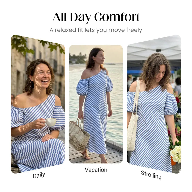 👗Limited-Time 49% OFF✨Women Striped Off Shoulder Dress – Elegant Flowy Summer Chic 🌊
