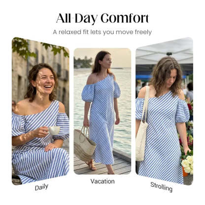 👗Limited-Time 49% OFF✨Women Striped Off Shoulder Dress – Elegant Flowy Summer Chic 🌊