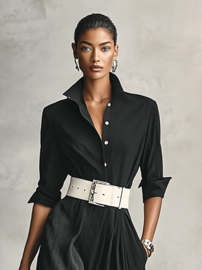 Women's Lapel Single Breasted Long Sleeve Belted Jumpsuit MDA2274G1Y