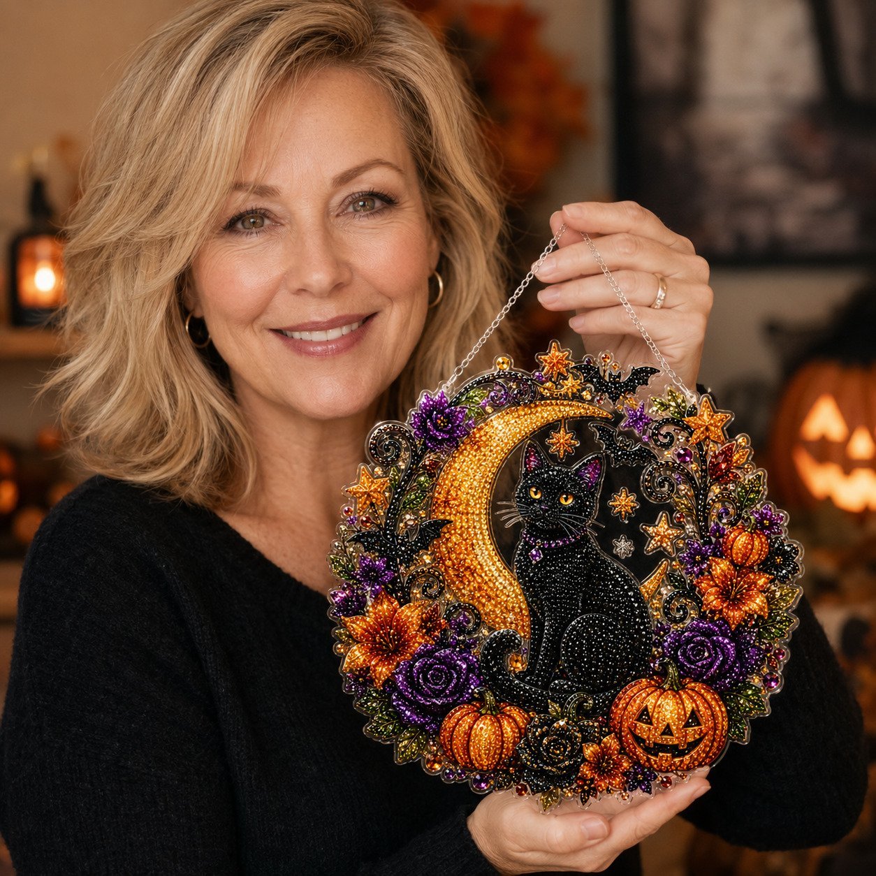Black Cat Moon Diamond Art Hanging Ornament Kit – Relaxing DIY Halloween Craft 🎃💎 