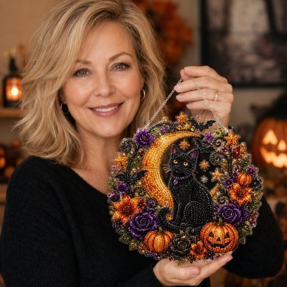 Black Cat Moon Diamond Art Hanging Ornament Kit – Relaxing DIY Halloween Craft 🎃💎 