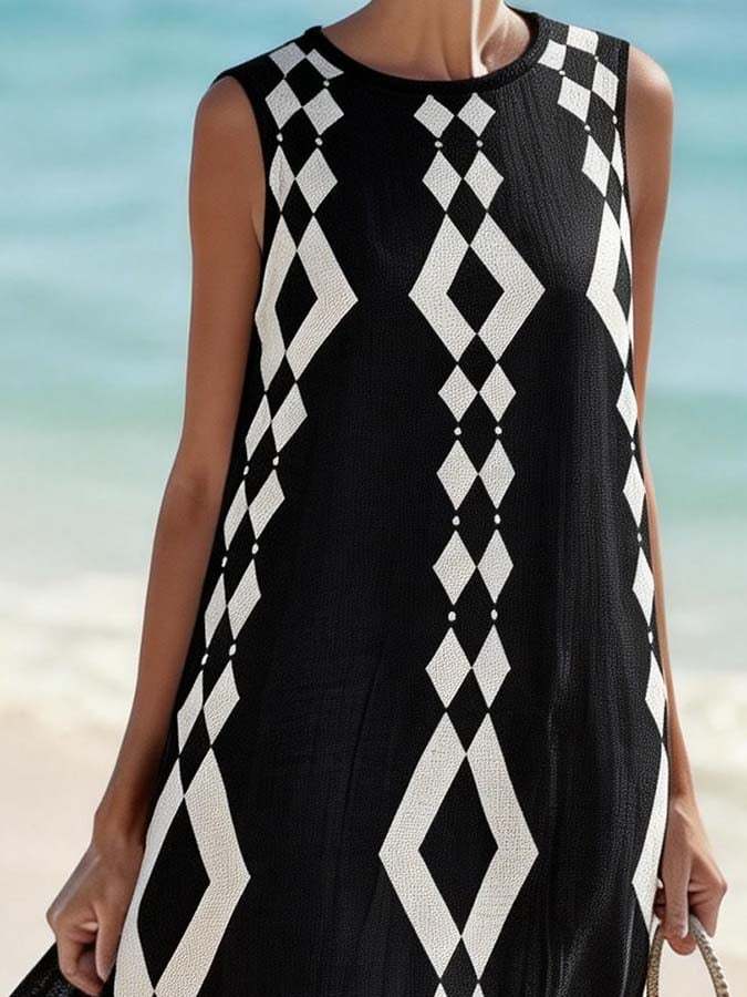 Women'S Round Neck Sleeveless Color-Block Printed Dress