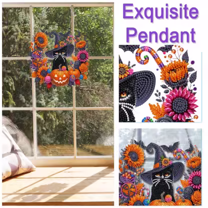 Black Cat Moon Diamond Art Hanging Ornament Kit – Relaxing DIY Halloween Craft 🎃💎 