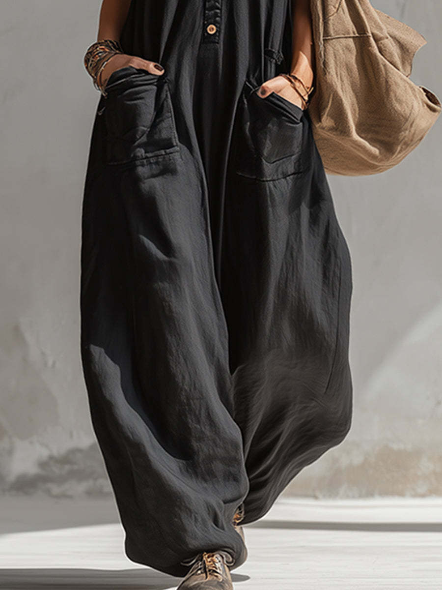 Elegant Urban-style Black Cotton And Linen Sleeveless Jumpsuit