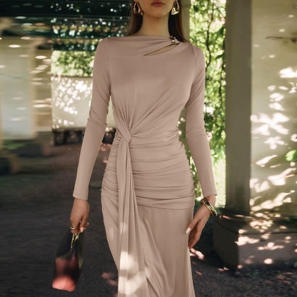 Elegant Fitted Waistline with Asymmetric Pleats Long-Sleeve Dress for Women