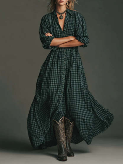 Dark Green Plaid Long Sleeve Shirt Maxi Dress