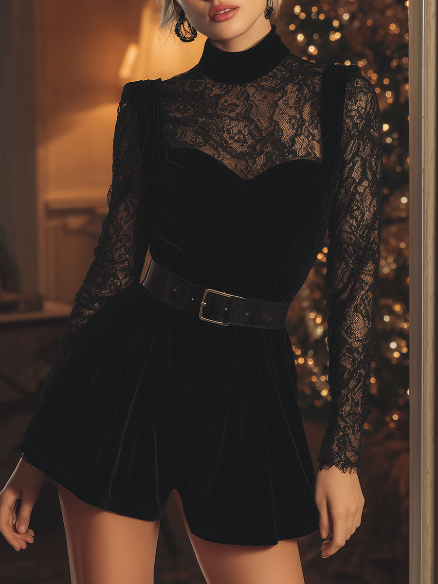 Retro Sexy Lace Black Velvet Shorts Set