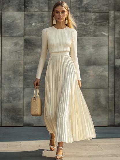 Elegant Casual And Comfortable Long-sleeved Cream Knitted Satin Pleated Hem Maxi Dress