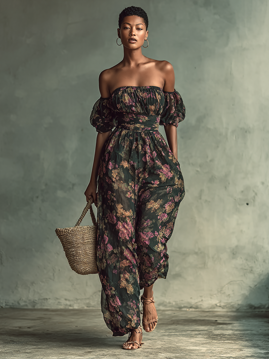 Women's Chiffon Floral Print Bandeau Short Sleeve Waist Jumpsuit MDA1152G0Y