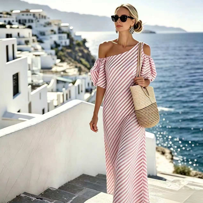 👗Limited-Time 49% OFF✨Women Striped Off Shoulder Dress – Elegant Flowy Summer Chic 🌊