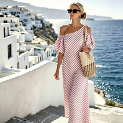 👗Limited-Time 49% OFF✨Women Striped Off Shoulder Dress – Elegant Flowy Summer Chic 🌊