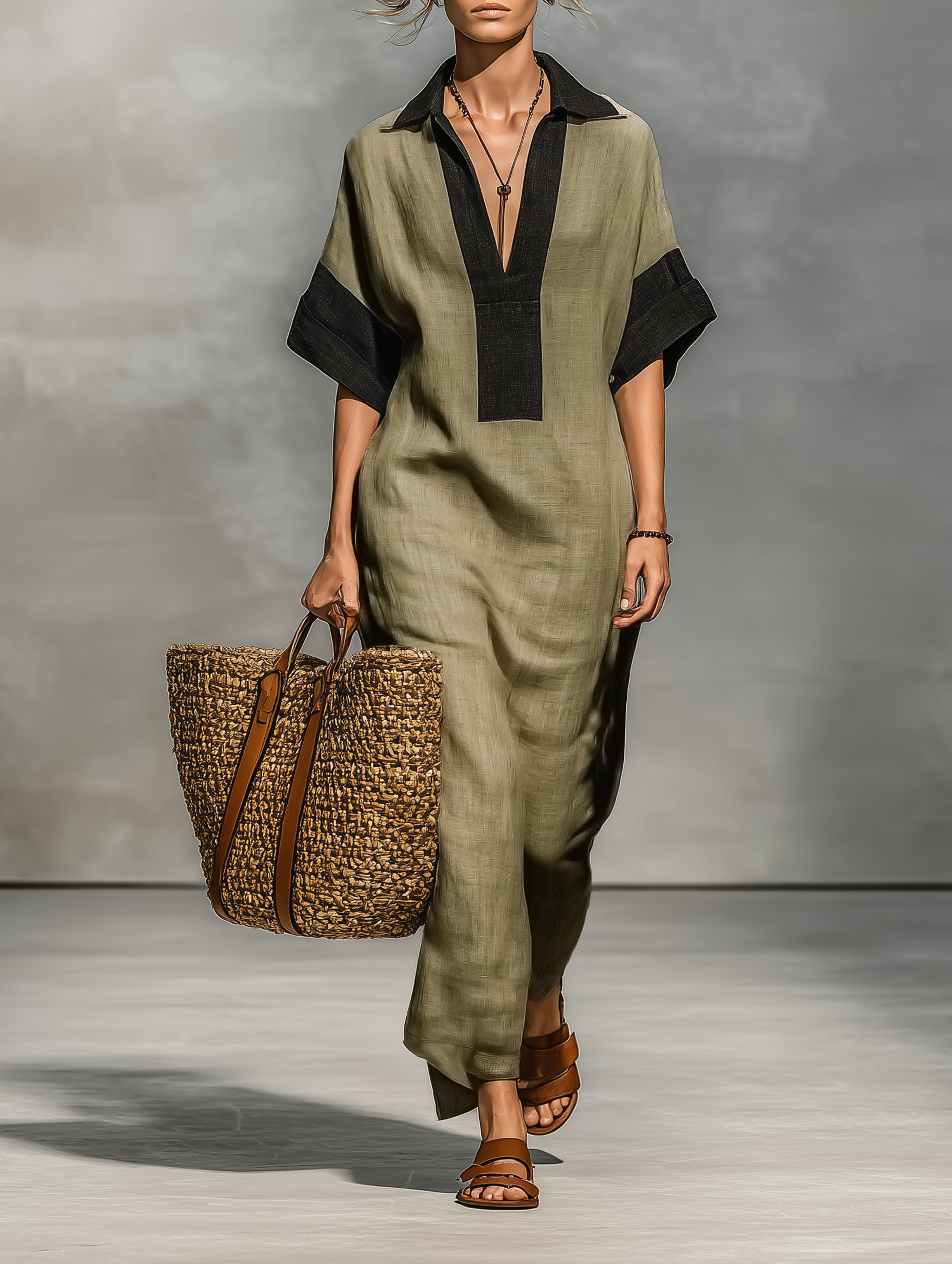 Women's Minimalist Linen Blend Color-blocked Short-sleeved Maxi Dress MDZ0917A4Y