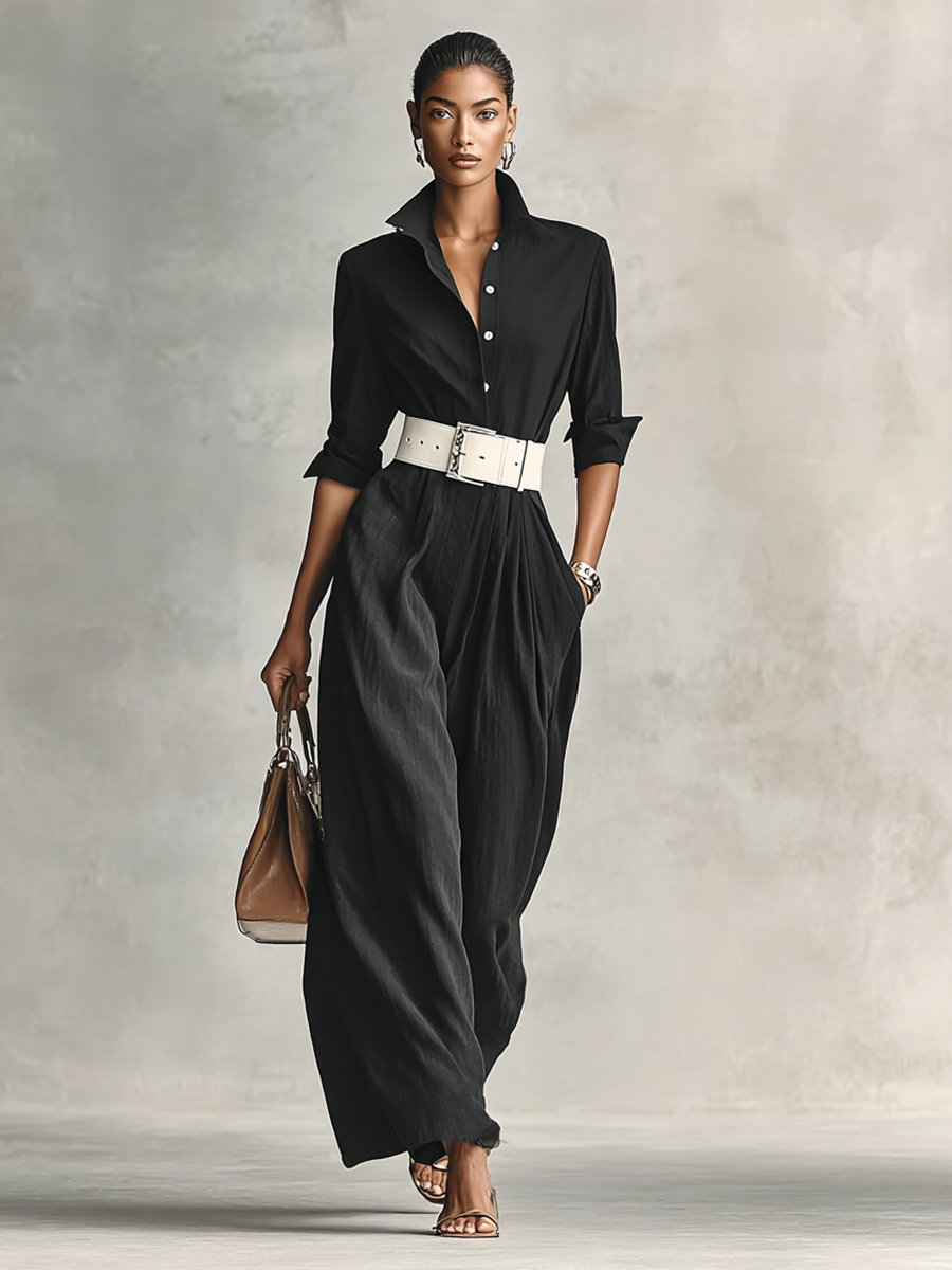 Women's Lapel Single Breasted Long Sleeve Belted Jumpsuit MDA2274G1Y