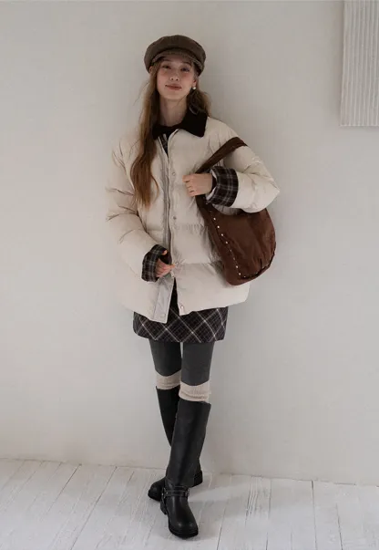 Women Short Cotton Coat with Contrast Collar and Cuffs