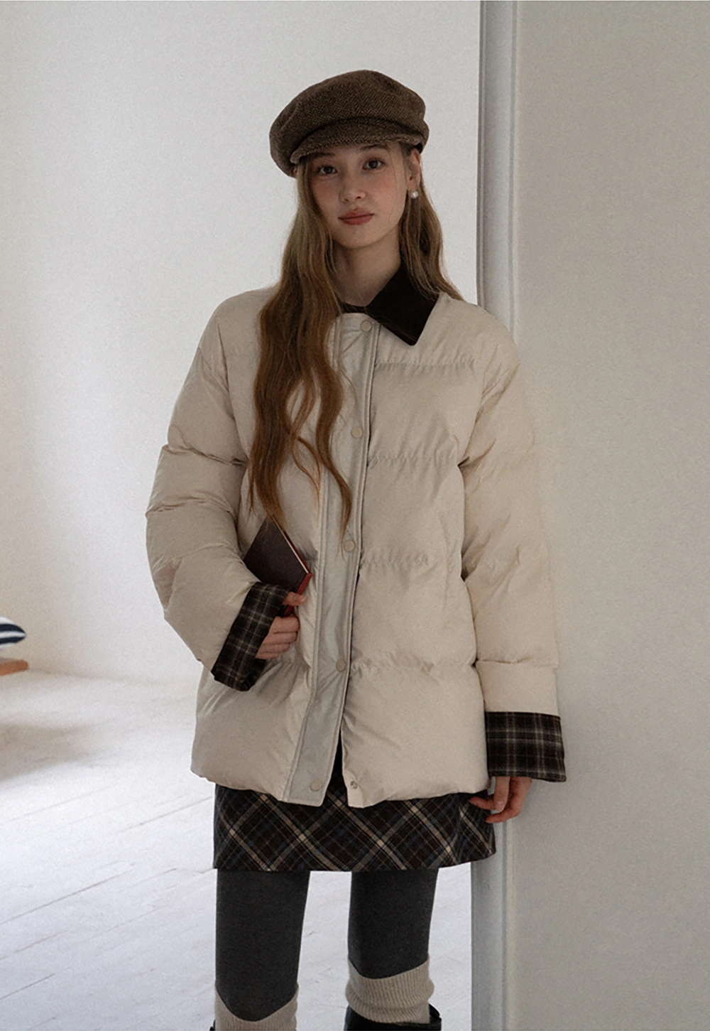 Women Short Cotton Coat with Contrast Collar and Cuffs