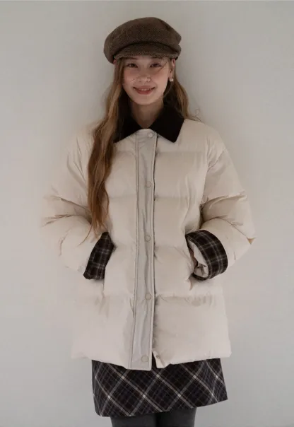 Women Short Cotton Coat with Contrast Collar and Cuffs