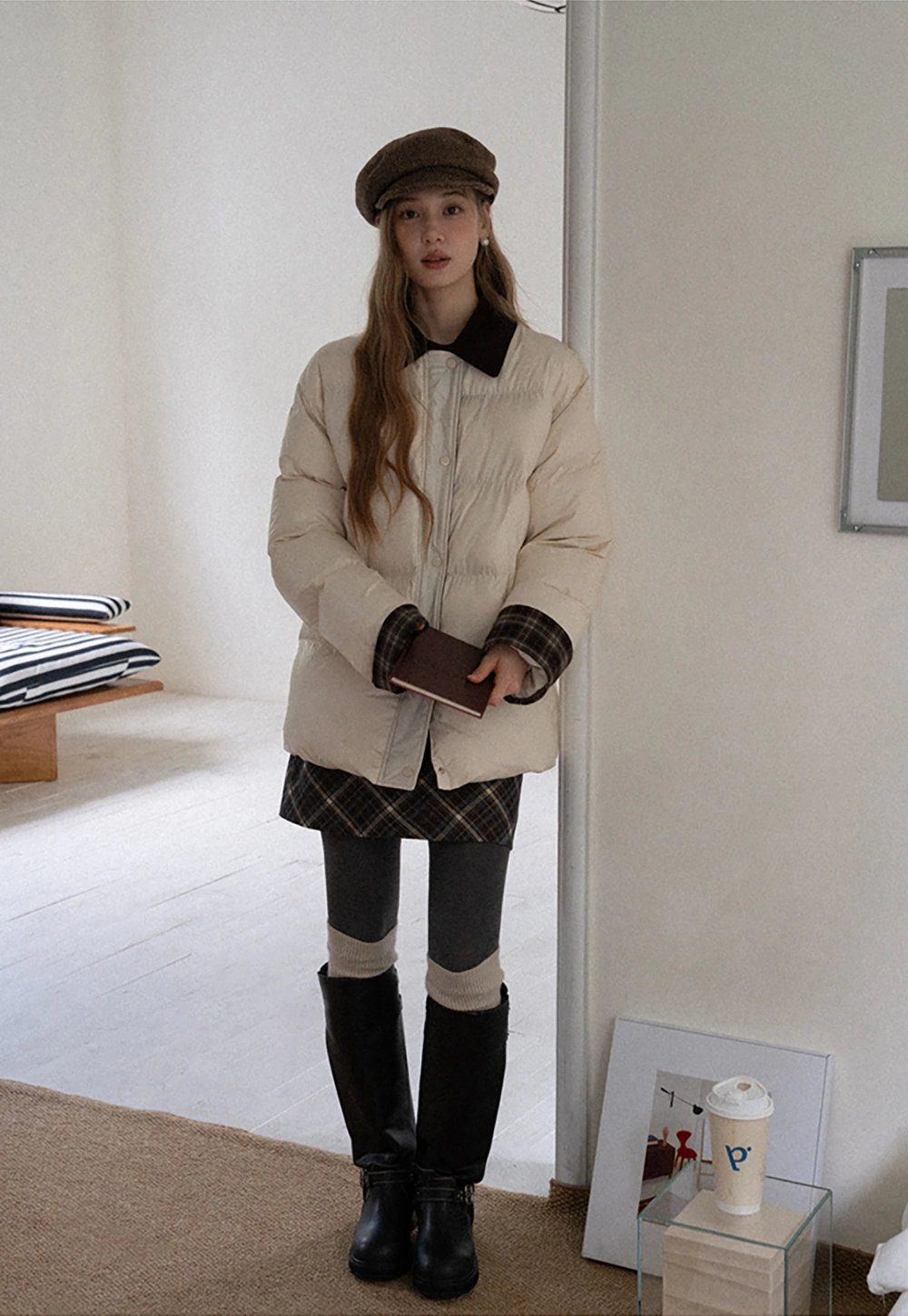 Women Short Cotton Coat with Contrast Collar and Cuffs