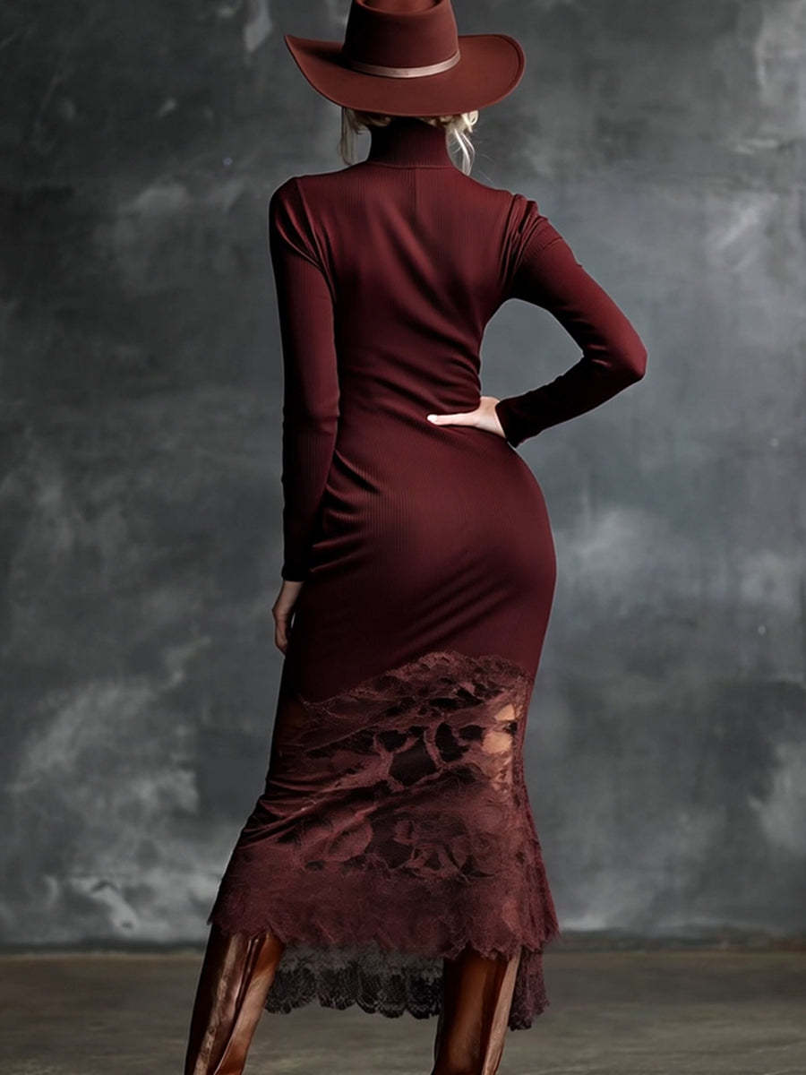 Simple And Elegant High-neck Lace Hem Burgundy Knitted Maxi Dress
