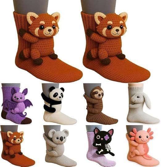 3D Knit Animal Socks, Animal Socks Hand Crocheted, Double-layer cotton