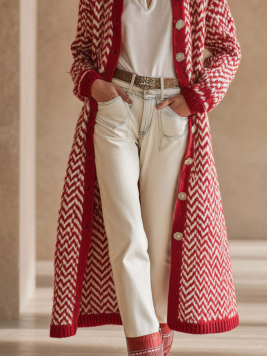 High-end Fashionable Red Herringbone Knitted Mid-length Cardigan