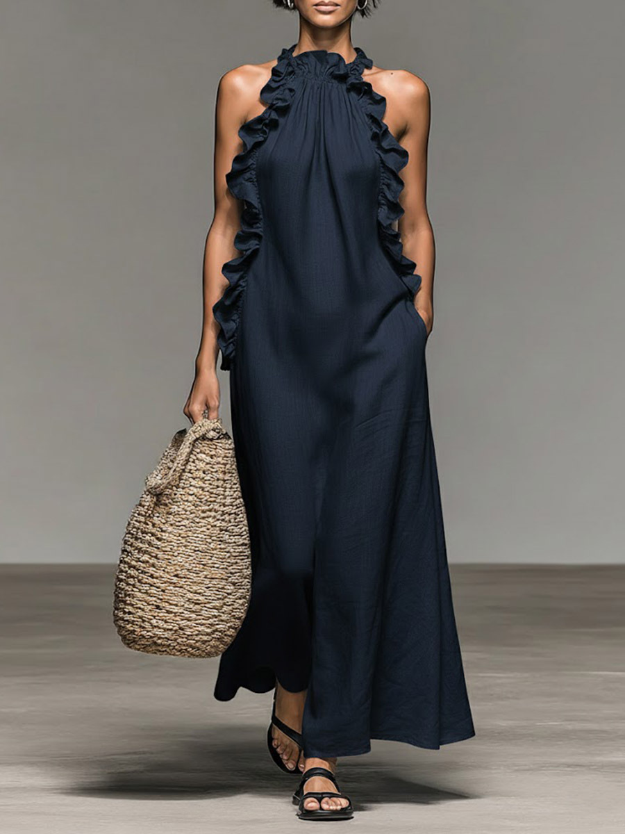 Women's Stand-up Collar Sleeveless Casual Loose Cotton And Linen Dress