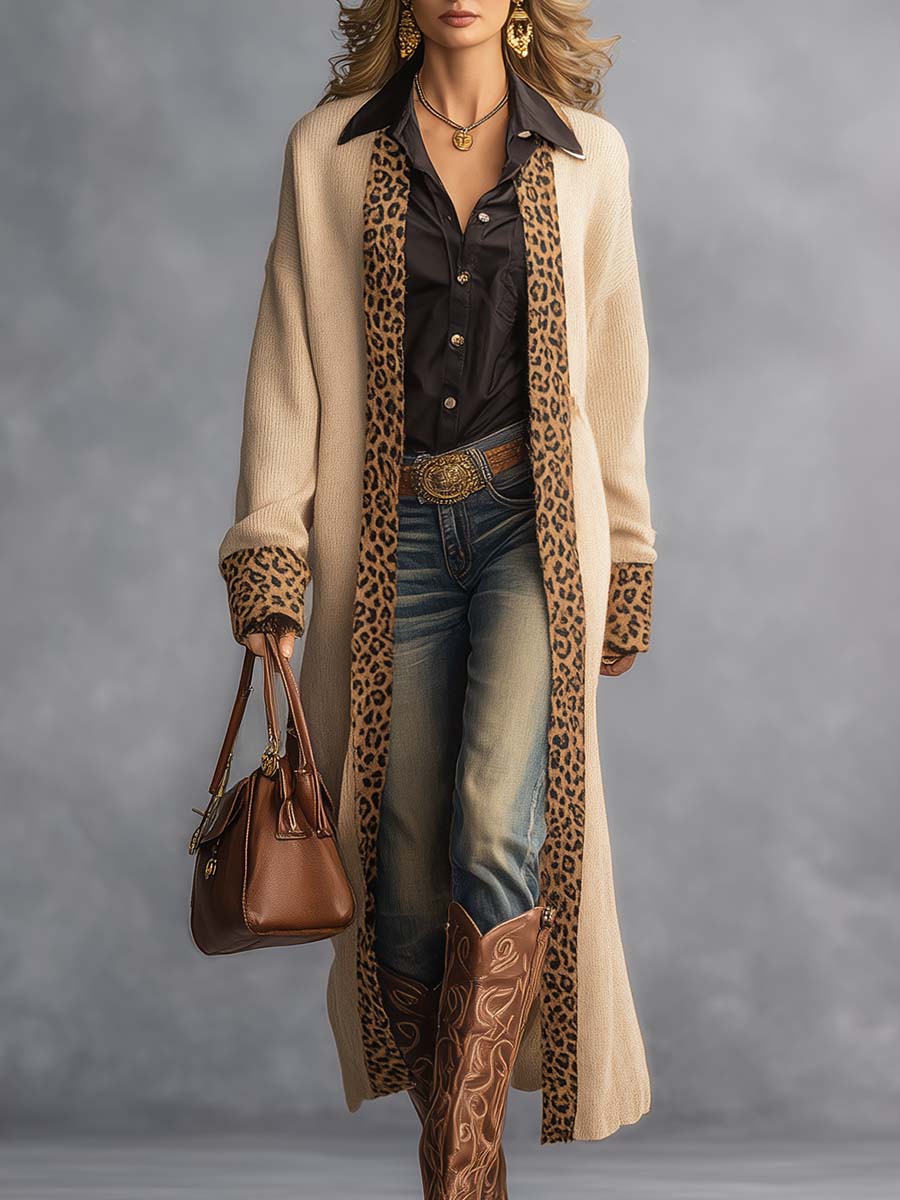 Vintage Western Simple Leopard Trim Beige Knitted Cardigan
