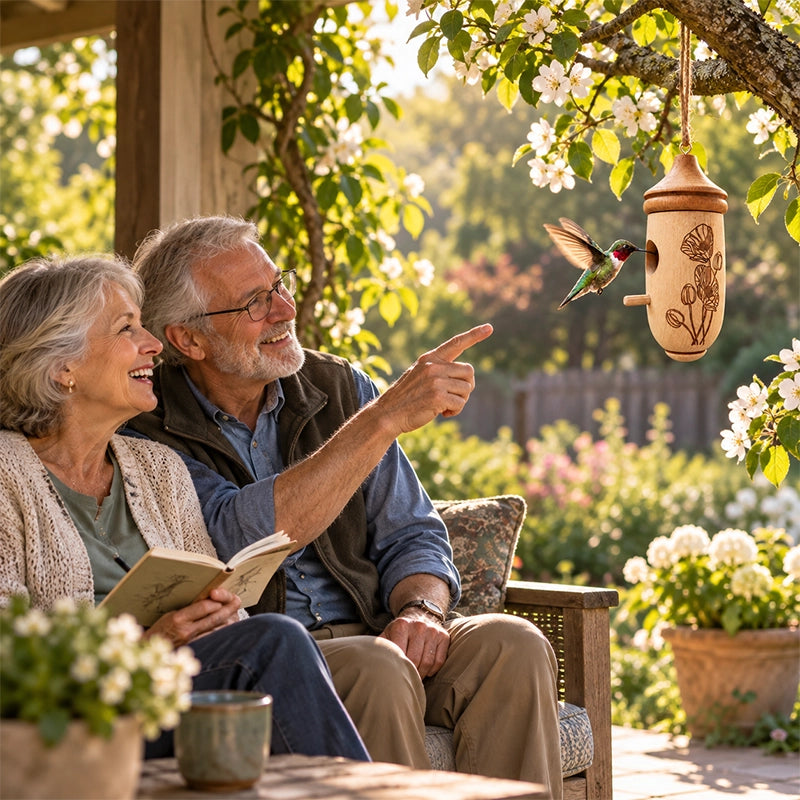 Older couple enjoying a wooden birdhouse ornament in a garden
