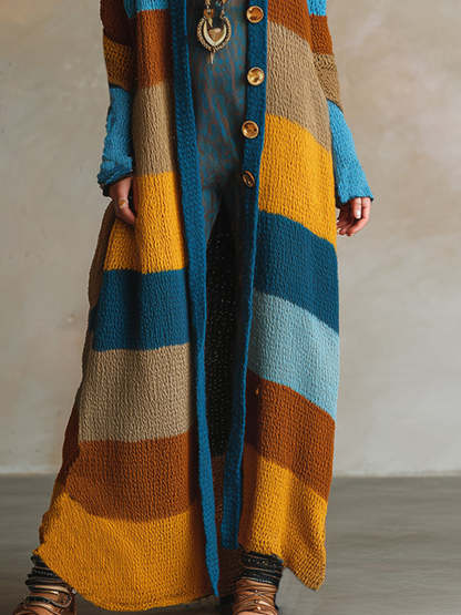 Retro Contrast Striped Knitted Long Cardigan