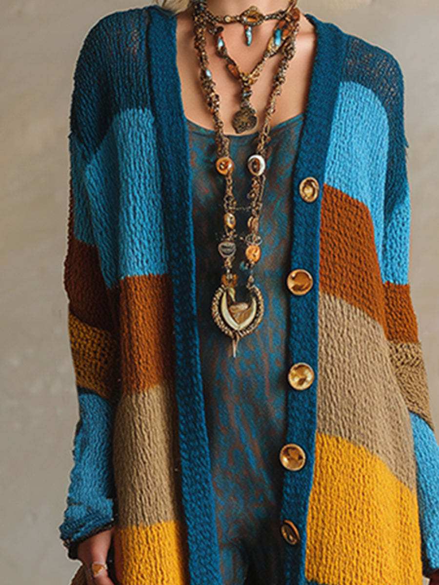 Retro Contrast Striped Knitted Long Cardigan
