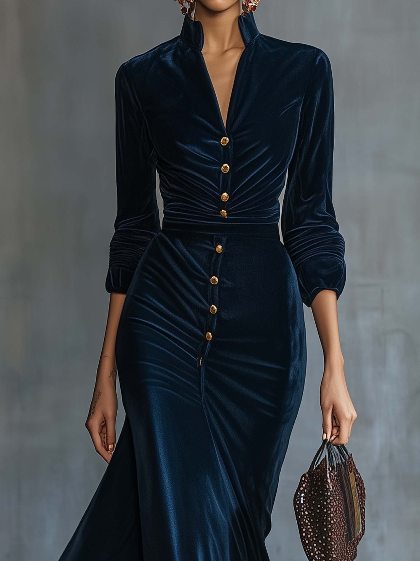 Elegant Navy Velvet Maxi Dress With Buttons