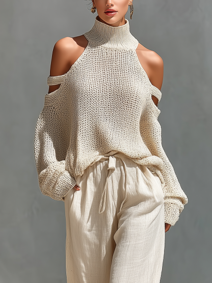 Women's Beige Knit Fabric Cold-Shoulder Turtleneck Top & Wide-Leg Pants Set 