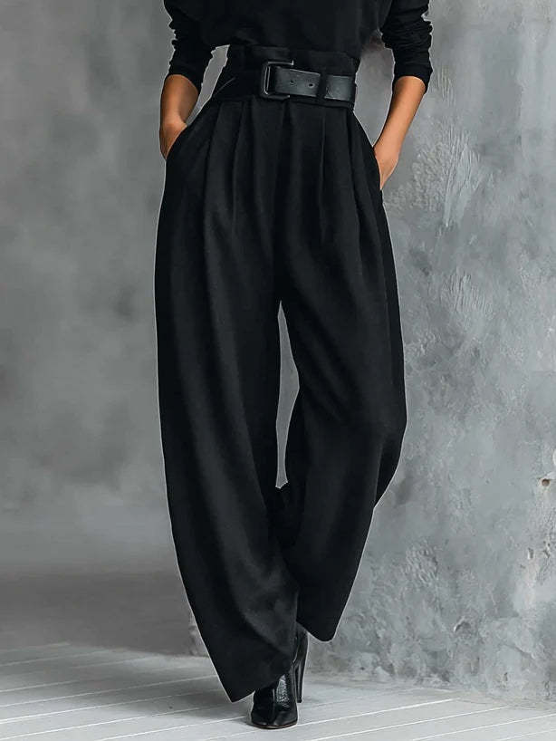 All-black Turtleneck Long-sleeved T-shirt And Straight-leg Pants Two-piece Set (including Belt)