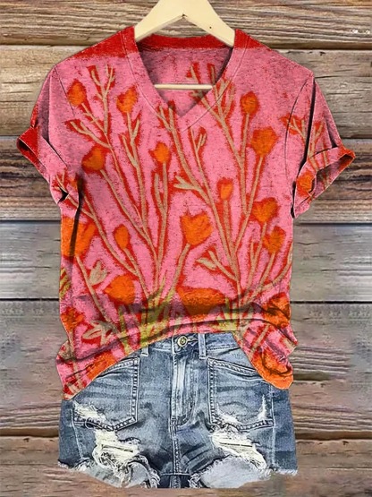 Vintage Floral Art Print Cotton Crew Tee-1