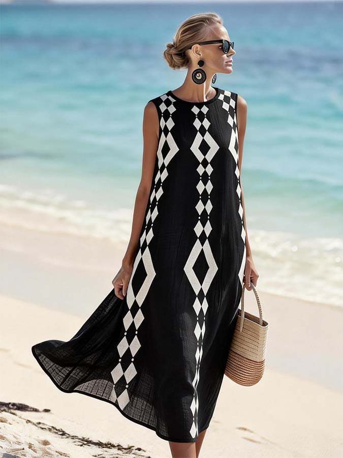 Women'S Round Neck Sleeveless Color-Block Printed Dress