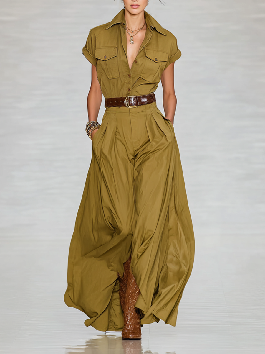 Women's Cotton Blend Lapel Single-breasted Short-sleeved Shirt Maxi Dr