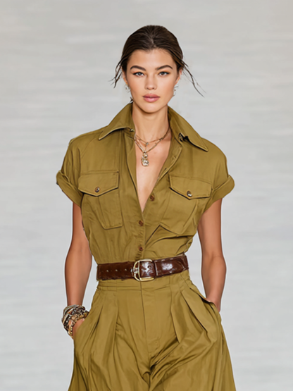 Women's Cotton Blend Lapel Single-breasted Short-sleeved Shirt Maxi Dress MDA1876G9Y