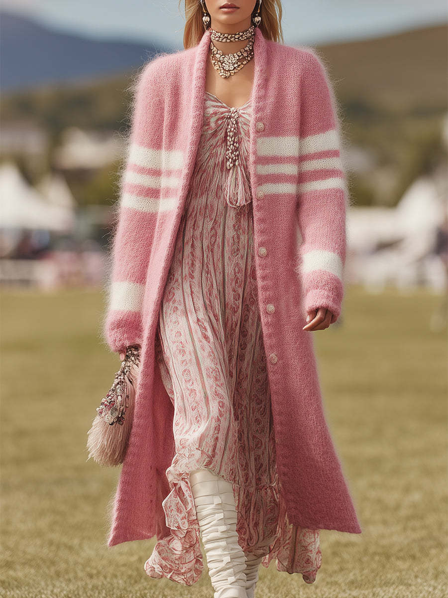 Pink Mohair And White Striped Long Cardigan