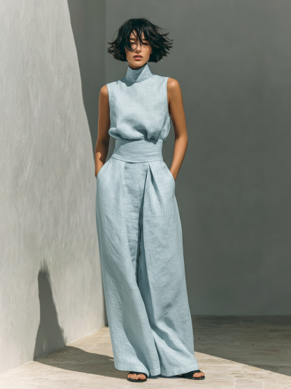 Women's Minimalist Cotton And Linen Blend Sleeveless Blouse And Wide-leg Pants Set