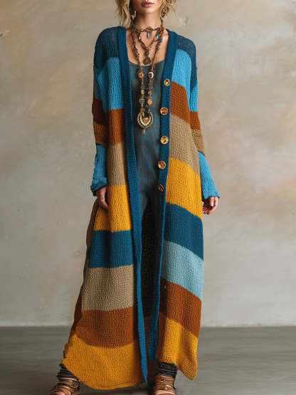 Retro Contrast Striped Knitted Long Cardigan