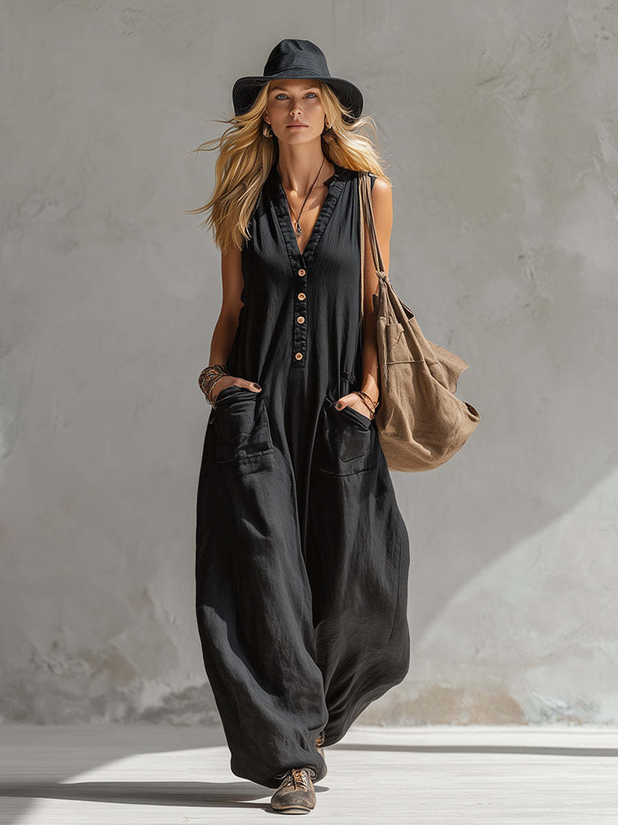 Elegant Urban-style Black Cotton And Linen Sleeveless Jumpsuit