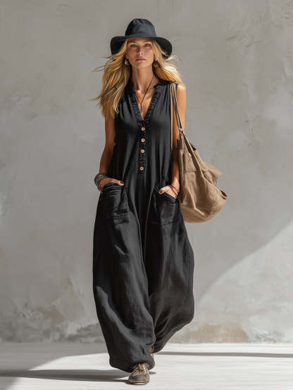 Elegant Urban-style Black Cotton And Linen Sleeveless Jumpsuit