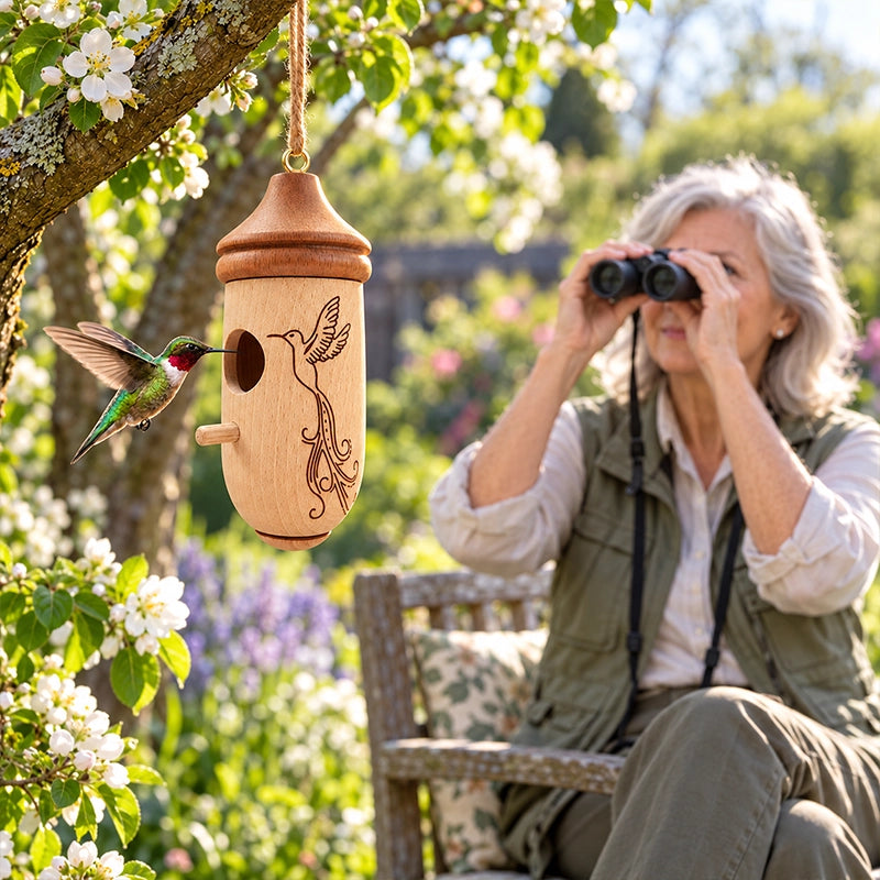 Birdwatcher observing a hanging wooden birdhouse ornament in a sheltered garden