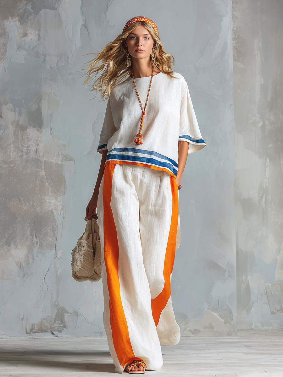Casual Urban Style Contrast-Trimmed White T-Shirt & Wide-Leg Pants Cotton-Linen Set